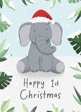 A cute illustration of a baby elephant in a Santa hat. Perfect to send for a 1st Christmas! Designed by Chloe Fae Designs.