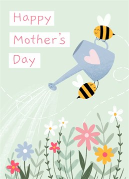A cute illustration of bees watering flowers. The perfect card to send to your Mum this Mother's Day! Illustrated by Chloe Fae Designs.