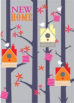 A cute New Home card by Claire Giles featuring adorable birdhouses, perfect for anyone moving home.