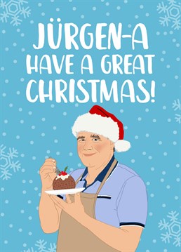 A Bake Off inspired Christmas card, featuring our favourite baker, Jurgen!    Send festive wishes to your star baker Mum, friend or sister with this xmas card, designed by The Cake Thief