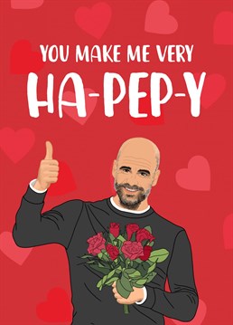 A funny Valentine's Day card, featuring Manchester City manager, Pep Guardiola!  Perfect for Man City supporters, send this card to your football loving husband or boyfriend this year.  Designed by The Cake Thief