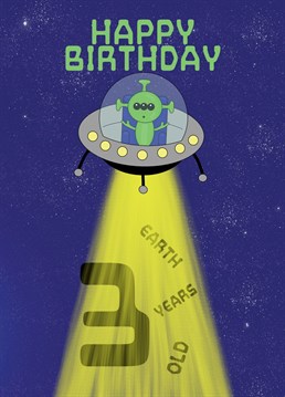 3 today! Happy Birthday. Send this Alien themed birthday card to your son, nephew, or a child turning 3 years old today. Designed by Cupsie's Creations.