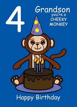 Send your Grandson who is turning four, this Cheeky Monkey card to celebrate their 4th Birthday. Designed by Cupsie's Creations.