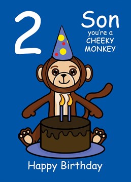 Send your Son who is turning two, this Cheeky Monkey card to celebrate their 2nd Birthday. Designed by Cupsie's Creations.
