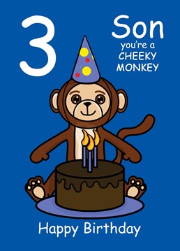 Send your Son who is turning three, this Cheeky Monkey card to celebrate their 3rd Birthday. Designed by Cupsie's Creations.