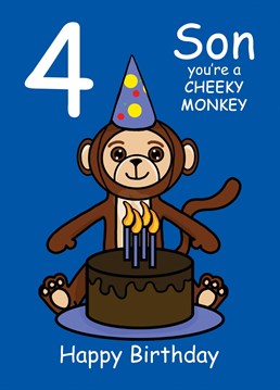 Send your Son who is turning four, this Cheeky Monkey card to celebrate their 4th Birthday. Designed by Cupsie's Creations.