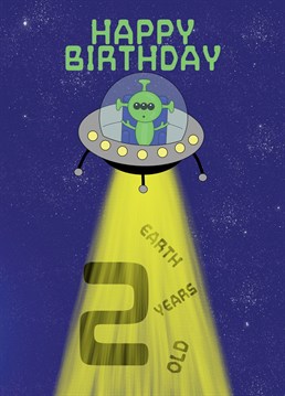 2 today! Happy Birthday. Send this Alien themed Birthday Card to your Son, Nephew, or child turning 2 years old today. Designed by Cupsie's Creations.