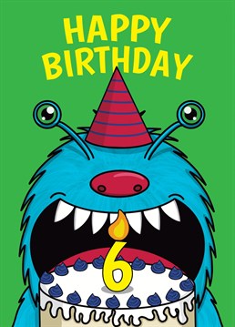 Send them this funny cake eating monster to celebrate their 6th Birthday. Designed by Cupsie's Creations.