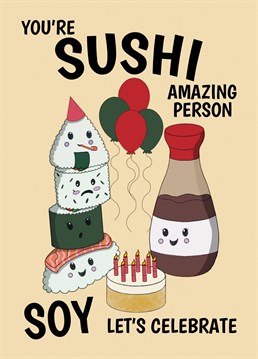 Send this kawaii sushi themed card to a friend or loved one to celebrate their birthday. Designed by Cupsie's Creations.