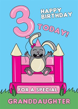 Send your Granddaughter who is turning three years old this cute cartoon rabbit on a bouncy castle card, to celebrate her 3rd birthday. Designed by Cupsie's Creations.