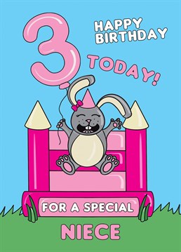 Send your Niece who is turning three years old this cute cartoon rabbit on a bouncy castle card, to celebrate her 3rd birthday. Designed by Cupsie's Creations.