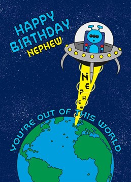 Wish your Nephew an out-of-this-world birthday with this funny alien UFO-themed card. Designed by Cupsie's Creations.