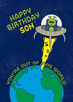 Wish your Son an out-of-this-world birthday with this funny alien UFO-themed card. Designed by Cupsie's Creations.