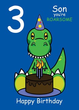 Send your Son who is turning three, this ROARSOME Dinosaur card to celebrate their 3rd Birthday. Designed by Cupsie's Creations.