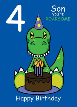 Send your Son who is turning four, this ROARSOME Dinosaur card to celebrate their 4th Birthday. Designed by Cupsie's Creations.