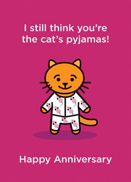 An anniversary card featuring a cat in pyjamas. A card designed by CardShit.