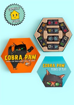 Ninja-like know-how steals the game!. The ultimate game of speed & skill. . 2-6 players, ages 6+. . Easy to learn, perfect for families. . Fast paced and super fun. . Cobra Paw is an astoundingly simple game of lightning-quick reactions for two to six players. It takes less than a minute to learn and sets-up in less than 30 seconds!  Players take turns rolling the dice (featuring six different symbols), spotting the tile with the matching pattern, then grabbing it before their opponents. The first player to collect 6 wins, it's really that simple! If a player already has the domino rolled they need to cover it with their hand to &lsquo;protect' it from being grabbed by another player.  There are 3 variations of game play, it's addictive and perfect for families or groups of friends of all ages. The game has been beautifully produced and makes an awesome gift.