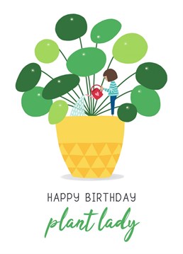 Wish a plant lover a Happy Birthday with this adorable miniature plant lady card.