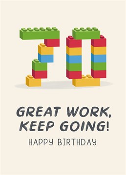 Congratulate someone for making it to 70 with this funny Lego brick inspired Birthday card!