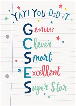 It's time to celebrate! Send a super whizz kid this GCSE celebration card, to say well done for being an 'A star' student in their exams