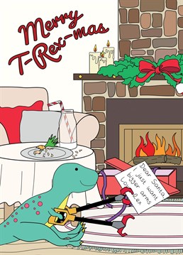 Make your loved ones roar with laughter this holiday season with this funny t-rex-mas Christmas dinosaur greeting card. Featuring a hilarious t-rex opening his dream present - bigger arms. Perfect for the dino-lover in your life!
