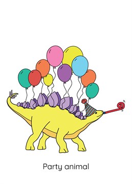 This cute dinosaur card is perfect for any dinosaur-loving kids (or grown-ups) birthday. It features a yellow and purple stegosaurus with colourful balloons attached to its back plates, a party whistle, and a party hat on its head. Designed by Dinosaurs Doing Stuff