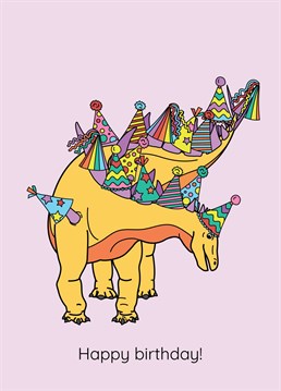 It's time to party like it's your dino birthday! This greeting card features a spikey dino, decked out in a colourful party hat. The perfect way to let someone know you're thinking of them on their special day! Design by Dinosaurs Doing Stuff
