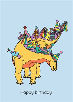 It's time to party like it's your dino birthday! This greeting card features a spikey dino, decked out in a colourful party hat. The perfect way to let someone know you're thinking of them on their special day! Design by Dinosaurs Doing Stuff