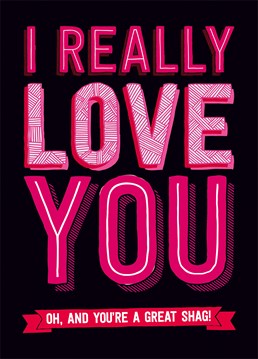 I Really Love You. Oh, And You're A Great Shag. A truthful anniversary or Valentine's card for your husband, wife, girlfriend or boyfriend. The good vibes will let you coast for months after this Dean Morris card.