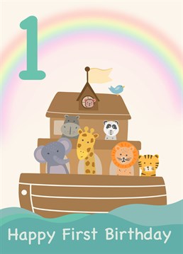 Send this Noah's Ark themed birthday card, complete with a rainbow and adorable animals sitting on the boat. Celebrations for a first birthday sailing your way...