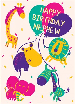 A jolly jungle and animal themed bright card for a nephew's birthday.