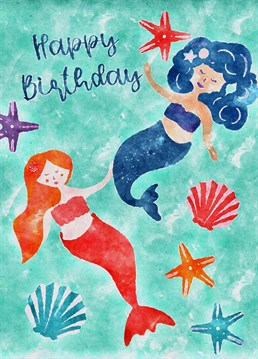 A beautiful, watercolour style card featuring two mesmerising mermaids floating amongst starfish and shells. A perfect birthday card for an ocean lover, mermaid wannabe.