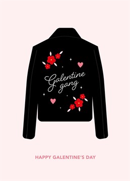 Gear up for Galentine's Day with our stylish greeting card featuring an edgy leather jacket illustration showcasing the quote 'Galentine Gang.' Celebrate the fierce bonds of female friendship with this trendy card, symbolising unity and empowerment among gal pals.
