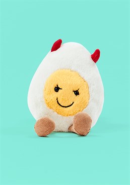 With a soft cream coloured fur body, a bright yellow smiley face and the characteristic corduroy-style little brown legs, finished off with those little red devil horns, this is just a bit of fun and not to be taken too seriously.