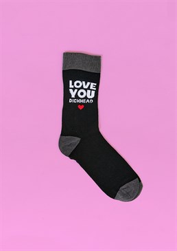 Tell your crush how you really feel.  These quirky socks are great for all foot warming occasions.  Made from: 77% cotton, 22% polyamide, 1% elastane.  Unisex size 6-11. Romantic and yet slightly rude (well you wouldn't expect anything else from Scribbler) these socks are great at keeping your feet warm and also expressing how you feel too.