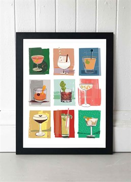 Drink up with this graphic cocktails print, available in A2 or A3, framed and unframed. Published by East End Prints and manufactured eco-consciously in the UK. Each time you buy a print or card from East End Prints we donate a percentage of each sale to Cool Earth who work alongside local communities to combat the effects of deforestation in the Amazon.<p>Please note this product is made to order and is non-returnable.</p><p>Cards and gifts are sent separately. View our Delivery page for more details on Gift processing and delivery times.</p>