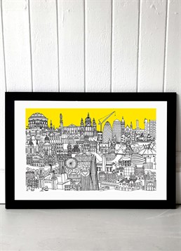 Iconic hand-drawn illustration of the London city skyline, panoramic print features London?s urban architecture and landmark buildings. Available in A2 or A3, framed and unframed. Published by East End Prints and manufactured eco-consciously in the UK. Each time you buy a print or card from East End Prints we donate a percentage of each sale to Cool Earth who work alongside local communities to combat the effects of deforestation in the Amazon.<p>Please note this product is made to order and is non-returnable.</p><p>Cards and gifts are sent separately. View our Delivery page for more details on Gift processing and delivery times.</p>