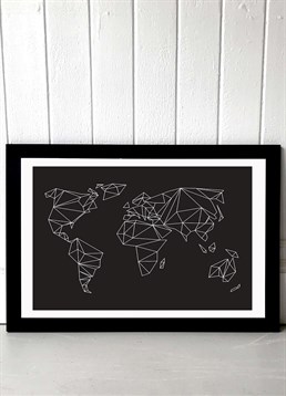 Bold, monochrome world map in geometric design, available in A2 or A3, framed and unframed. Published by East End Prints and manufactured eco-consciously in the UK. Each time you buy a print or card from East End Prints we donate a percentage of each sale to Cool Earth who work alongside local communities to combat the effects of deforestation in the Amazon.<p>Please note this product is made to order and is non-returnable.</p><p>Cards and gifts are sent separately. View our Delivery page for more details on Gift processing and delivery times.</p>