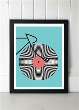 Fun print inspired by cycling and music, perfect for vinyl record and bike lovers everywhere! Available in A2 or A3, framed and unframed. Published by East End Prints and manufactured eco-consciously in the UK. Each time you buy a print or card from East End Prints we donate a percentage of each sale to Cool Earth who work alongside local communities to combat the effects of deforestation in the Amazon.<p>Please note this product is made to order and is non-returnable.</p><p>Cards and gifts are sent separately. View our Delivery page for more details on Gift processing and delivery times.</p>