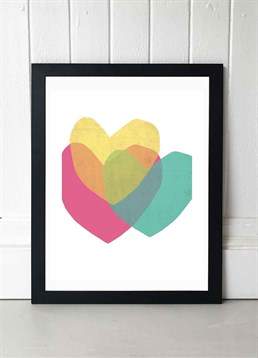 Multi-coloured hearts to brighten up your day. Available in A2 or A3, framed and unframed. Published by East End Prints and manufactured eco-consciously in the UK. Each time you buy a print or card from East End Prints we donate a percentage of each sale to Cool Earth who work alongside local communities to combat the effects of deforestation in the Amazon.<p>Please note this product is made to order and is non-returnable.</p><p>Cards and gifts are sent separately. View our Delivery page for more details on Gift processing and delivery times.</p>