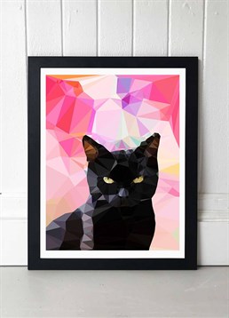 Charming black cat geometric print, perfect for cat lovers. Available in A2 or A3, framed and unframed. Published by East End Prints and manufactured eco-consciously in the UK. Each time you buy a print or card from East End Prints we donate a percentage of each sale to Cool Earth who work alongside local communities to combat the effects of deforestation in the Amazon.<p>Please note this product is made to order and is non-returnable.</p><p>Cards and gifts are sent separately. View our Delivery page for more details on Gift processing and delivery times.</p>