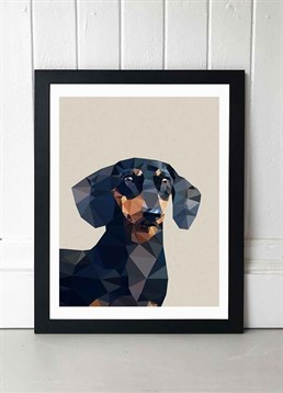 Adorable dachshund geometric print, perfect for dog lovers. Available in A2 or A3, framed and unframed. Published by East End Prints and manufactured eco-consciously in the UK. Each time you buy a print or card from East End Prints we donate a percentage of each sale to Cool Earth who work alongside local communities to combat the effects of deforestation in the Amazon.<p>Please note this product is made to order and is non-returnable.</p><p>Cards and gifts are sent separately. View our Delivery page for more details on Gift processing and delivery times.</p>