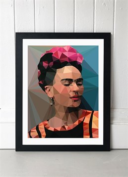 Strong iconic woman, Frida Kahlo's influence will never fade. Celebrate her work with this geometric print, available in A2 or A3, framed and unframed. Published by East End Prints and manufactured eco-consciously in the UK. Each time you buy a print or card from East End Prints we donate a percentage of each sale to Cool Earth who work alongside local communities to combat the effects of deforestation in the Amazon.<p>Please note this product is made to order and is non-returnable.</p><p>Cards and gifts are sent separately. View our Delivery page for more details on Gift processing and delivery times.</p>