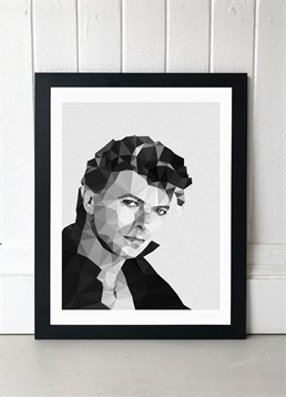 Icon of music, art and fashion, David Bowie. Remember the starman with this geometric print, available in A2 or A3, framed and unframed. Published by East End Prints and manufactured eco-consciously in the UK. Each time you buy a print or card from East End Prints we donate a percentage of each sale to Cool Earth who work alongside local communities to combat the effects of deforestation in the Amazon.<p>Please note this product is made to order and is non-returnable.</p><p>Cards and gifts are sent separately. View our Delivery page for more details on Gift processing and delivery times.</p>