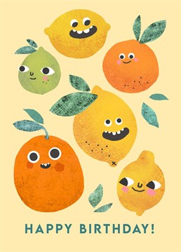 A fun and colourful birthday card with silly lemon face characters! Illustrated by Emily Nash.