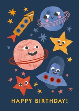 A fun and colourful card with silly space face characters! Illustrated by Emily Nash.
