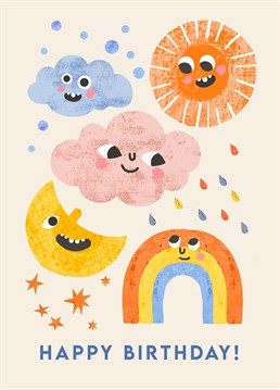 A fun and colourful card with silly weather face characters! Illustrated by Emily Nash.