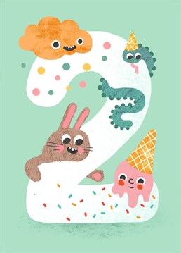 A bright and colourful birthday card to celebrate a terrific two year old! Illustrated by Emily Nash.
