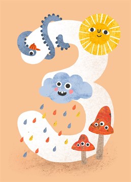 A bright and colourful birthday card to celebrate a wonderful three year old! Illustrated by Emily Nash.