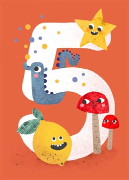 A bright and colourful birthday card to celebrate a fabulous five year old! Illustrated by Emily Nash.